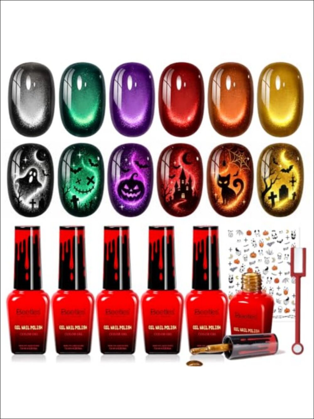 6-Piece Magnetic Cat Eye Gel Polish Set with Halloween Nail Stickers